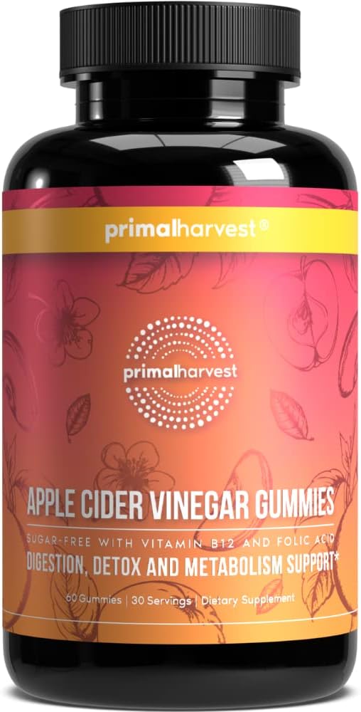 Primal Harvest ACV Gummies, 60 Sugar Free Apple Cider Gummies Beetroot and Pomegranate to Support Immunity, Digestion and Detox 750 MG