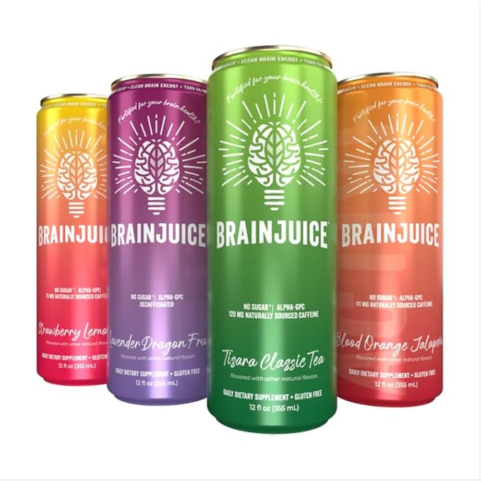 BrainJuice Variety Pack, Daily Brain Supplement Drink with Vitamins, Amino Acids & Natural Green Tea | Sugar-Free, Vegan, Gluten-Free, Non-GMO, 12 fl oz (4-Pack)