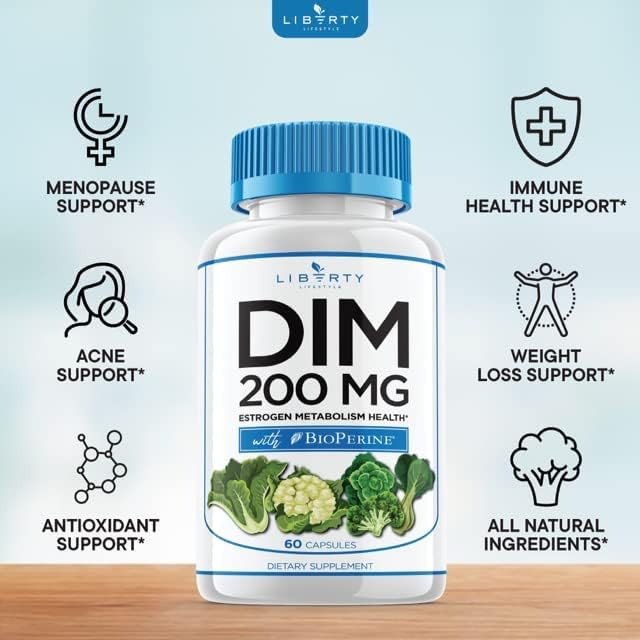 DIM Supplement 200mg - DIM Diindolylmethane Plus BioPerine - Estrogen Balance, Hormone Menopause Relief, Acne Treatment, Vegan - 120 Count