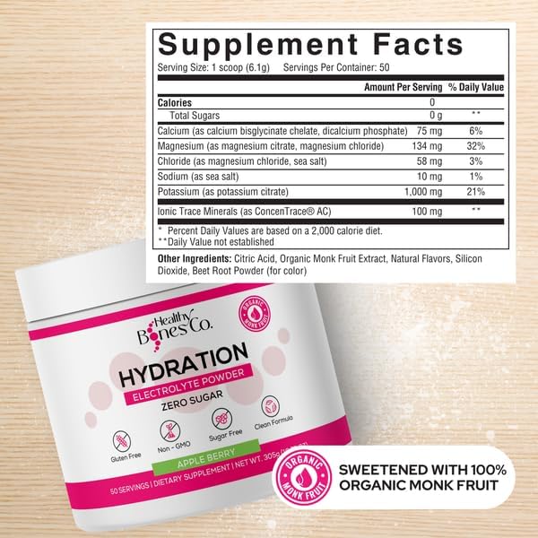 Sugar-Free Electrolyte Powder Drink Mix Fast Hydration Naturally Sweetened with Organic Monk Fruit, Apple Berry Flavor (305g) with Key Electrolytes and Trace Minerals –Keto Friendly, Vegan