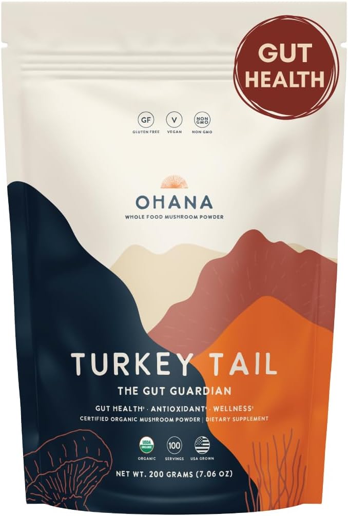 Ohana Turkey Tail, Organic Mushrooms Powder Blend, USDA-Organic Whole Food Mushroom Supplement, Non-GMO, Gluten-Free, 7.06 oz Bag, Pack of 1