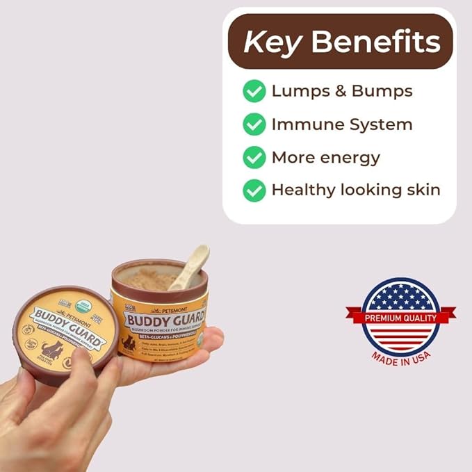 Petsmont Buddy Guard for Lumps and Bumps, Lipoma for Dogs & Cats, Patent Pending Organic 9 Mushroom Powder Blend Natural Dog Probiotic & Immune Support Chaga, Reishi, Lion's Mane, Turkey Tail Mushroom