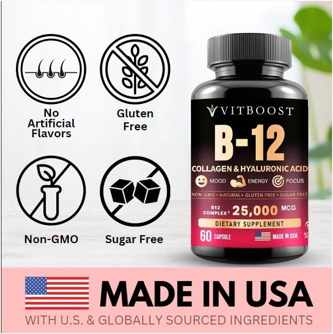 B12 with Hyaluronic Acid, Collagen and Folate – 25000 mcg B12 Complex | Maximize Absorption & Energy | Gluten Free USA Made, B1, B2, B3, B6, B7, B12 vitamins 5000 mcg Methylcobalamin - 60 Capsules