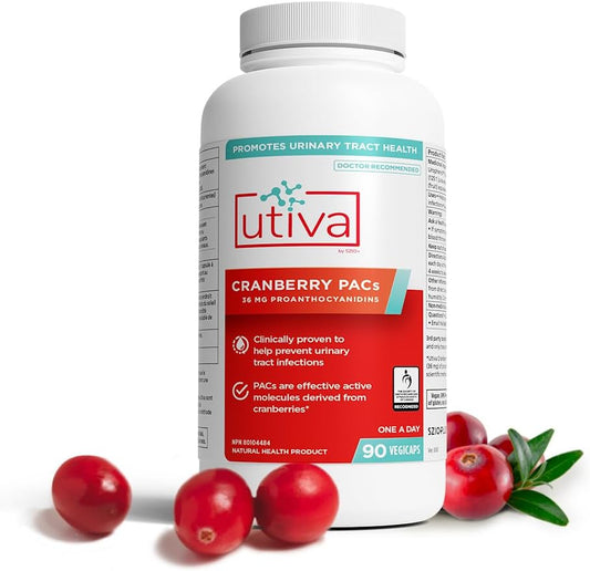 Utiva Cranberry PACs – Clinically Studied Ingredients 36mg PACs for UTI Avoidance - Supplement for Urinary Tract Health for Women and Men – Cranberry Extract Pills for Bladder Health, 90 Vegi Capsules