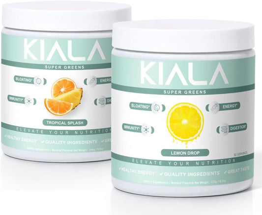 Kiala Nutrition Super Greens, Organic Greens Powder, Spirulina & Chlorella Superfood Powder, Sugar & Gluten Free Vegan, Spectra Blend, Tropical Slush, Lemon Drop 2 Pack