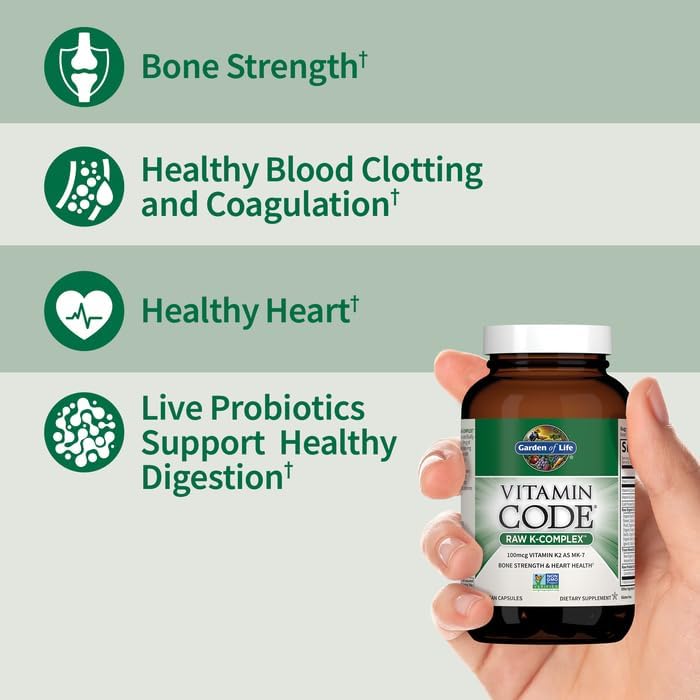 Garden of Life Vitamin K2 and K1, Vitamin Code Vegan K Complex Vitamin for Bone Strength and Heart Health, Omega Rich Flax Seed Oil, Trace Minerals, Probiotics, 60 Day Supply