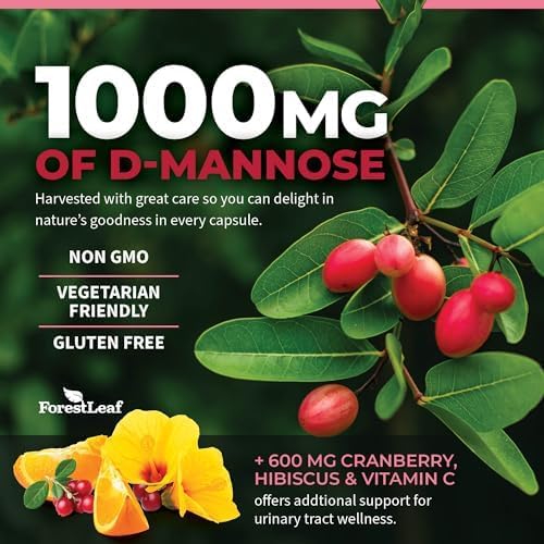 ForestLeaf D Mannose Supplements for Women & Men - D-Mannose 1000mg Capsules with Cranberry, Hibiscus & VIT C - DMannose Pills for UTI, Urinary Tract & Bladder Support - 120 Caps