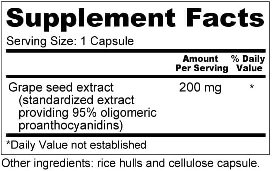 Wellness Resources Grape Seed Extract Supplement, Highest Potency 95% OPC, Supports Skin and Tissue Health, Vein Health, and Immunity (100 Capsules, 200mg per Capsule)