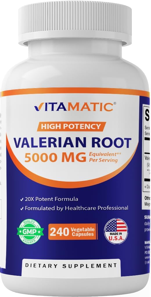 Vitamatic Valerian Root 5000mg Equivalent Per Serving (from 20:1 Extract 250 mg) - 240 Capsules - 20X Concentrated Extract