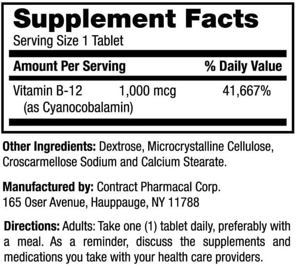 Earth's Splendor Energy Supplements, with Vitamin B12, No Artificial Color or Flavor, Gluten Free, Energy Metabolism Support (1000mcg, 200 Tablets)
