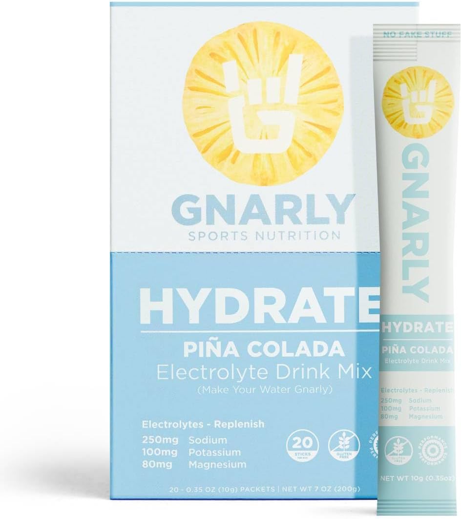 Gnarly Nutrition Hydrate Electrolyte Powder – Pina Colada Exercise Hydration Drink Mix – NSF Contents Certified – Electrolyte Solution, Performance & Recovery – Pina Colada, Box of 20 Stick Pack