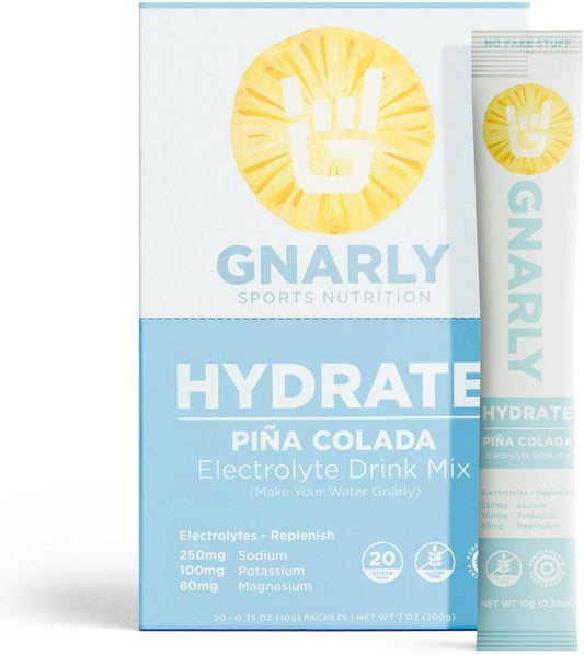 Gnarly Nutrition Hydrate Electrolyte Powder – Pina Colada Exercise Hydration Drink Mix – NSF Contents Certified – Electrolyte Solution, Performance & Recovery – Pina Colada, Box of 20 Stick Pack