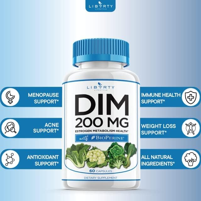 DIM Supplement 200mg - DIM Diindolylmethane Plus BioPerine - Estrogen Balance, Hormone Menopause Relief, Acne Treatment, Vegan - 120 Count