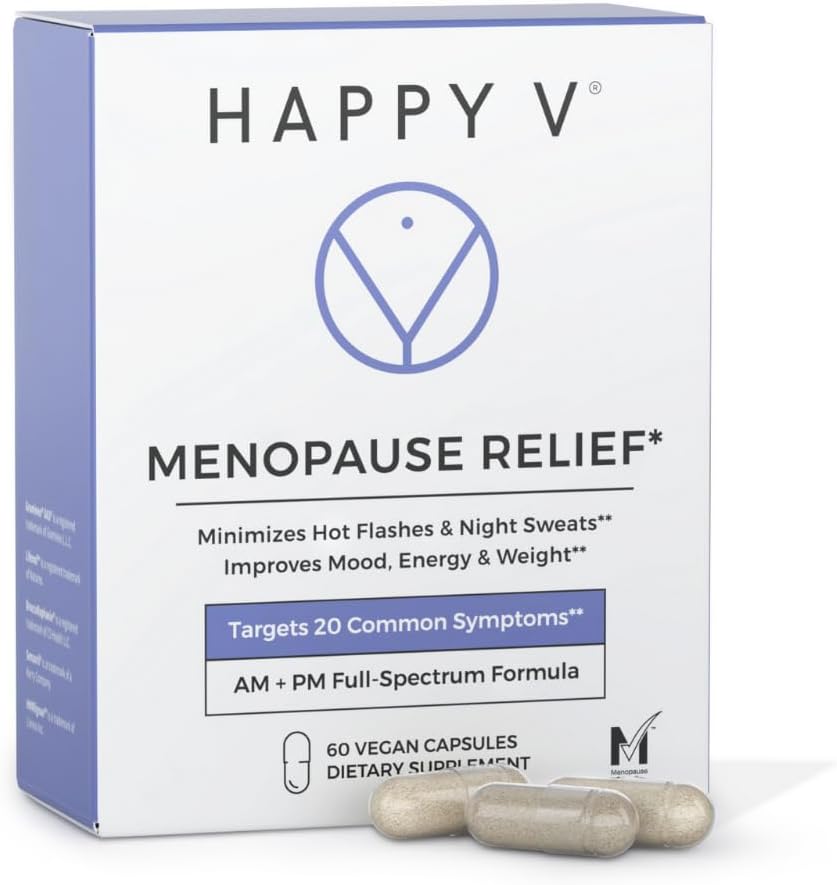 Happy V Menopause Relief Supplement for Women – Hormone Balance, Hot Flash & Night Sweat Support, Mood & Energy Booster, Vaginal Wellness, Perimenopause & Postmenopause Support – 60 Vegan Capsules