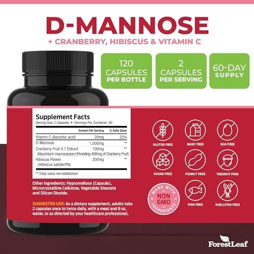 ForestLeaf D Mannose Supplements for Women & Men - D-Mannose 1000mg Capsules with Cranberry, Hibiscus & VIT C - DMannose Pills for UTI, Urinary Tract & Bladder Support - 120 Caps