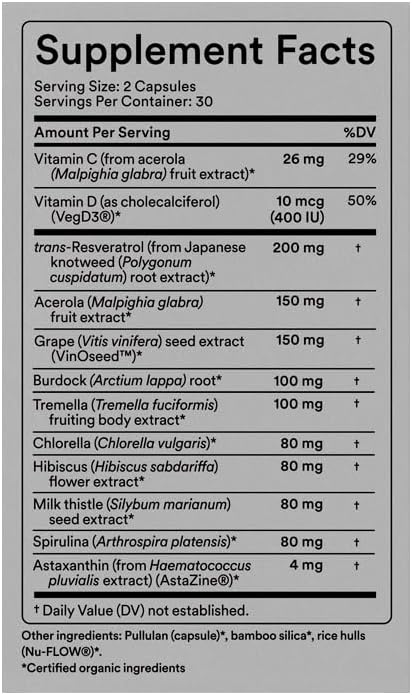 Organic Vegan Collagen Builder - Vitamin C, Trans-Resveratrol and Astaxanthin Supplement for Whole Body Collagen Support - Skin Elasticity, Hydration & Radiance - 60 Capsules