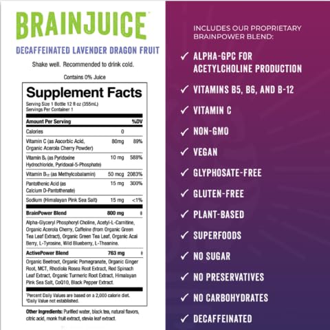 BrainJuice Variety Pack, Daily Brain Supplement Drink with Vitamins, Amino Acids & Natural Green Tea | Sugar-Free, Vegan, Gluten-Free, Non-GMO, 12 fl oz (4-Pack)