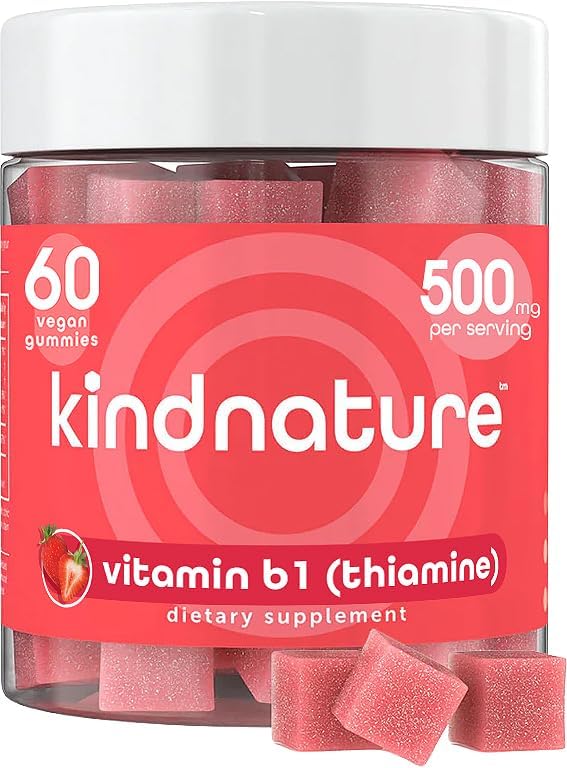 kindnature Vitamin B1 Gummies 500mg – High Potency Thiamine Supplement for Energy, Focus & Nervous System – Vegan, Non-GMO Chewable B1 Vitamins for Adults & Kids – Natural Strawberry Flavor – 60 Ct