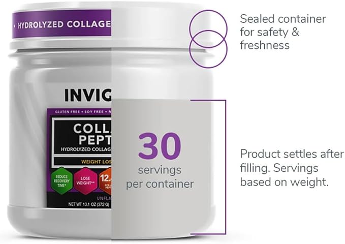 INVIGOR8 Collagen Peptides Powder Hydrolyzed + Vitamin C Hydrolyzed Type I, II, & III + Vitamin C Unflavored Non-GMO Grass-Fed Supplement Supports Joints, Skin, Hair, Nails and Anti-Aging (12.4g)