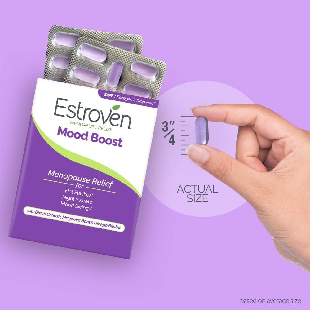 Estroven Mood Boost for Menopause Relief - 30 Ct. - Clinically Proven Ingredients That Help Manage Mood Swings, Night Sweats & Hot Flash Relief - Drug-Free and Gluten-Free (Pack of 2)