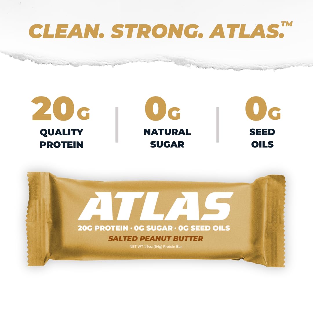 Atlas Bar – 20g Protein, 1g Sugar, 0g Seed Oils, 0g Artificial Sweeteners (Salted Peanut Butter, 36 Count)