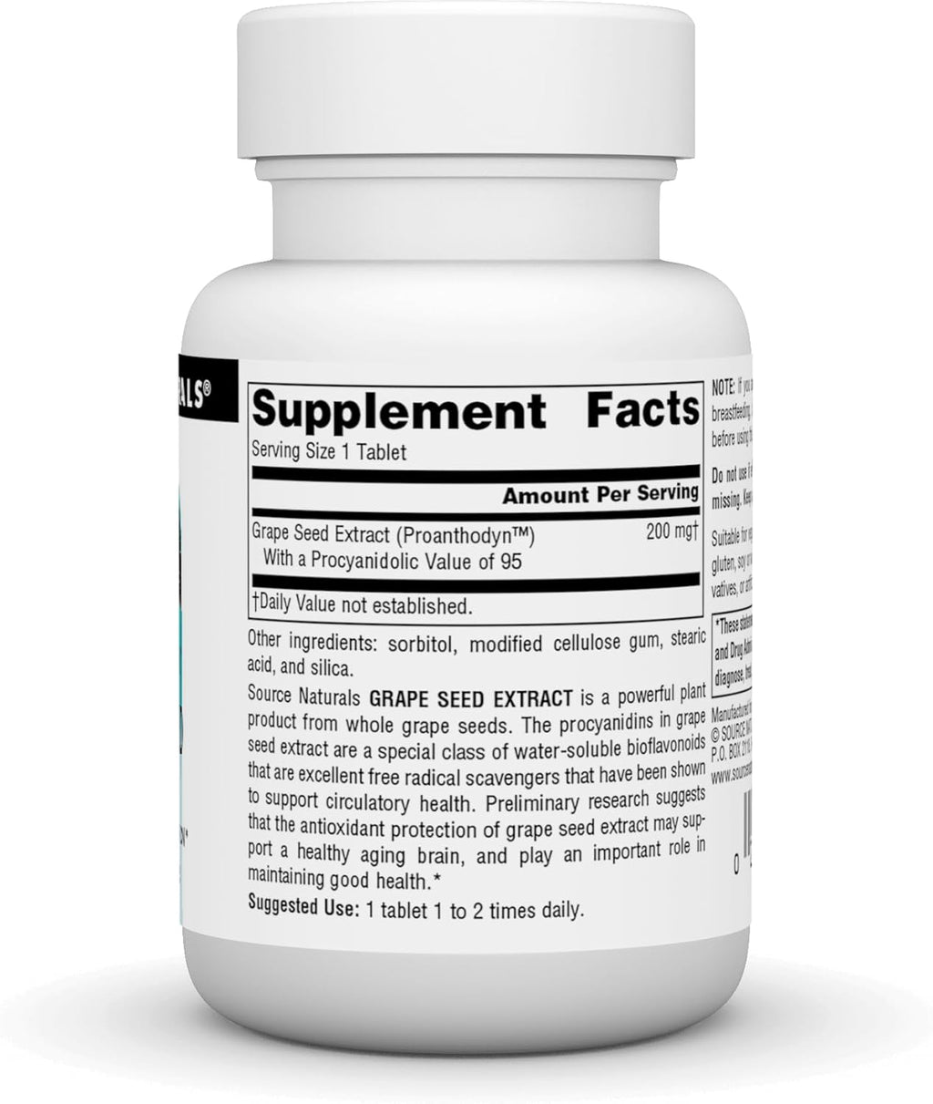 Source Naturals Grape Seed Extract, Proanthodyn 200 mg Antioxidant Protection & Supports Healthy Aging Brain - 30 Tablets