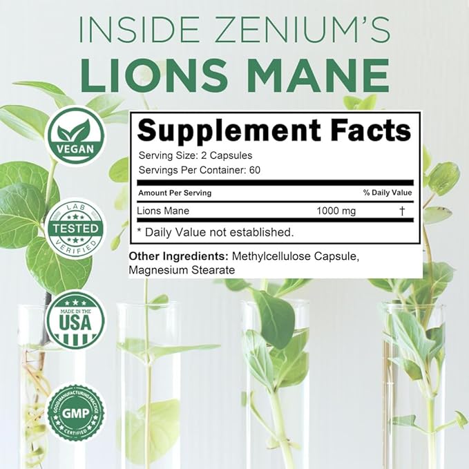 Zenium Lion's Mane Mushroom Cognition 1000mgs per Serving | 120 Capsules | Brain Focus Supplement | Powder Extract | Calm Mind & Body | Ayurvedic | Relieve Tension, Worry, Nervousness, Irritability