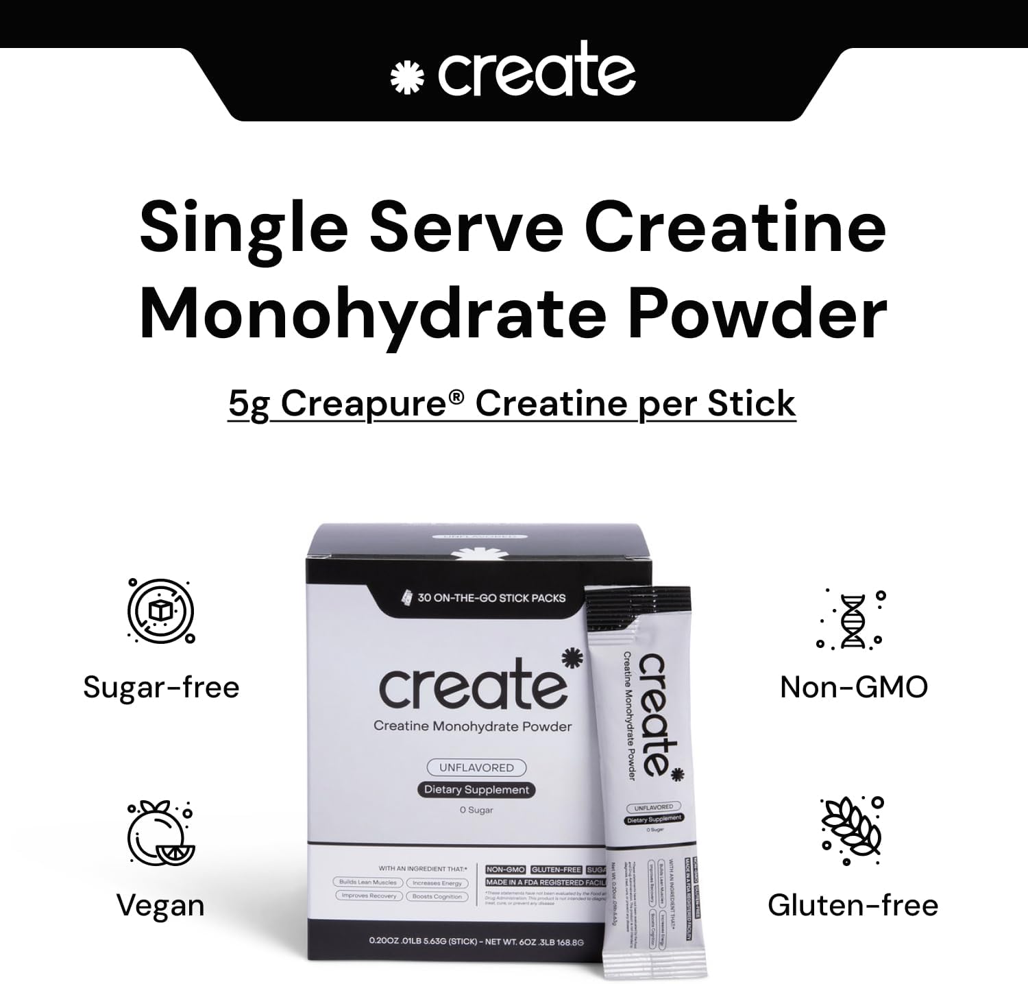 Create Single Serve Creatine Monohydrate Powder – 5g Creapure Creatine | Redefining Strength, Energy & Recovery | Sugar-Free, Vegan, Non-GMO | Unflavored, Lightly Sweetened, 0 Calories | 30 Packets