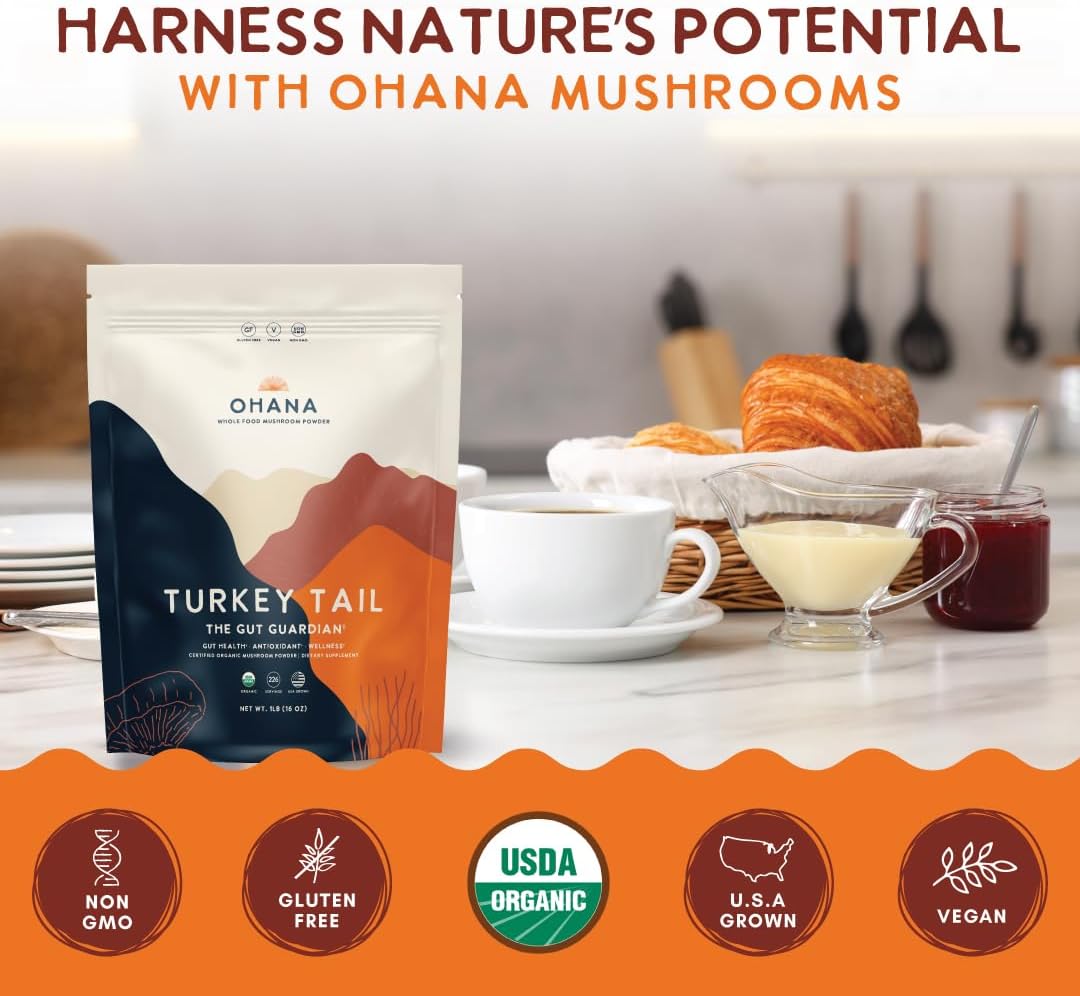 Ohana Turkey Tail, Organic Mushrooms Powder Blend, USDA-Organic Whole Food Mushroom Supplement, Non-GMO, Gluten-Free, 1 lb Bag, Pack of 1