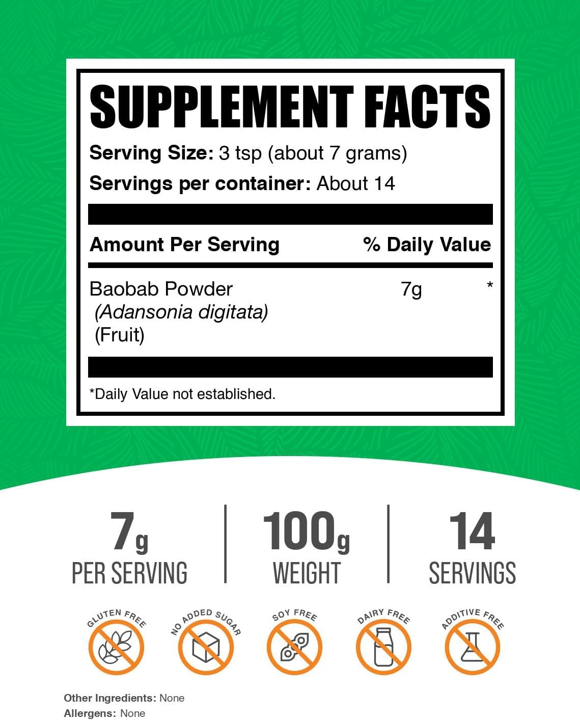 BulkSupplements.com Baobab Fruit Powder - Baobab Supplement, Antioxidant Supplement - Gluten Free, 7g per Serving, 100g (3.5 oz) (Pack of 1)