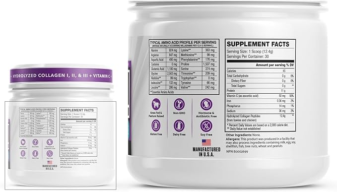 INVIGOR8 Collagen Peptides Powder Hydrolyzed + Vitamin C Hydrolyzed Type I, II, & III + Vitamin C Unflavored Non-GMO Grass-Fed Supplement Supports Joints, Skin, Hair, Nails and Anti-Aging (12.4g)