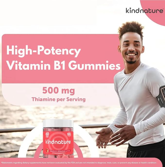 kindnature Vitamin B1 Gummies 500mg – High Potency Thiamine Supplement for Energy, Focus & Nervous System – Vegan, Non-GMO Chewable B1 Vitamins for Adults & Kids – Natural Strawberry Flavor – 60 Ct