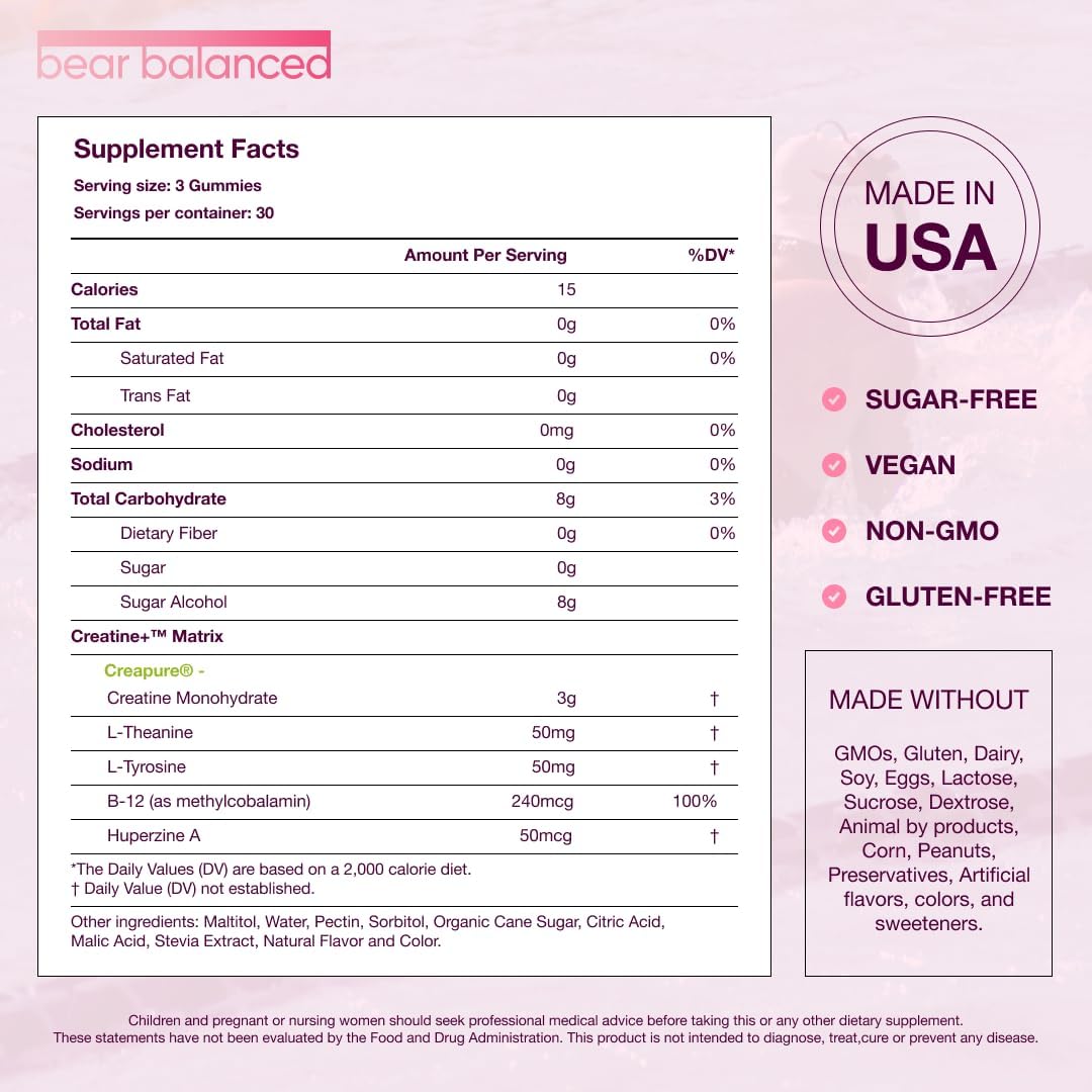 Bear Balanced Creatine Gummies for Men & Women - Creapure® Creatine Monohydrate, L-Theanine, L-Tyrosine & B12 for Muscle Growth, Strength, Focus, Energy & Health - Low Calorie, Sugar-Free, & Vegan