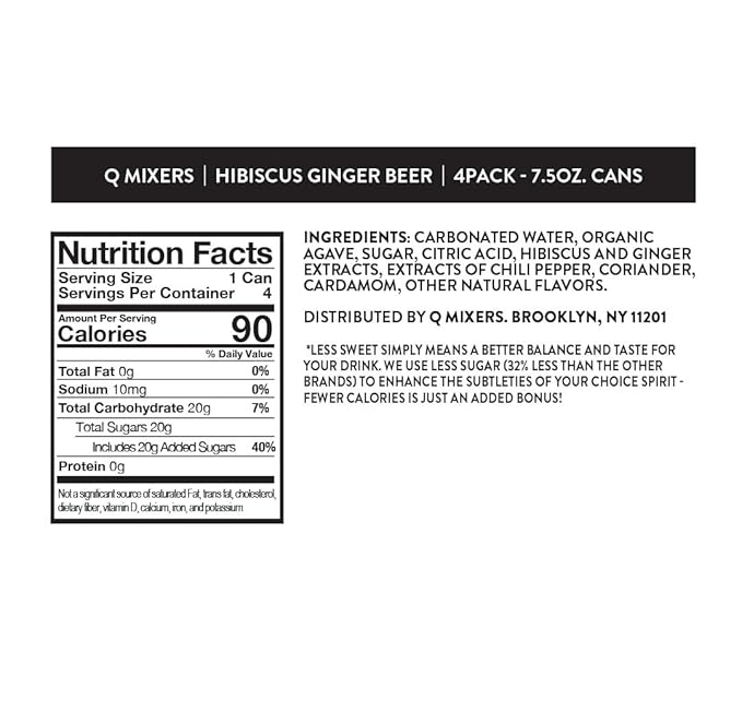 Q HIBISCUS GINGER BEER with Real Ginger, Hibiscus, & Organic Agave - Cocktails & Mocktails - Real Ingredients, Perfectly Carbonated & Less Sweet - 80 Calories per Can - 7.5 Fl Oz Cans (Pack of 24)