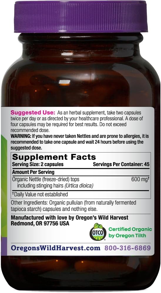 Oregon's Wild Harvest, Certified Organic Nettle Capsules with Stinging Hairs, Allergy Supplement, 600 mg, 90 Capsules