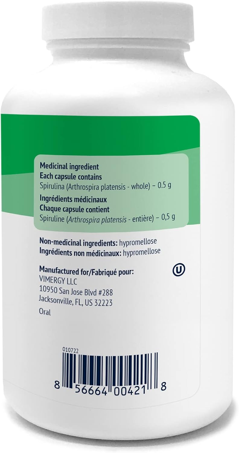 Vimergy Spirulina Capsules – Concentrated Plant Protein Supports Immune Health & Cardiovascular Function – Vegan, Kosher, Gluten-Free – 180 Capsules