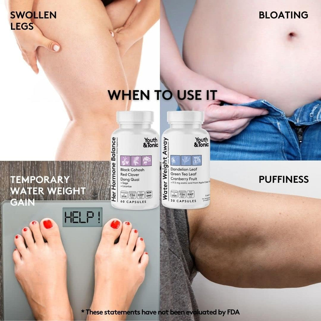 Youth & Tonic Water Retention Pills for Women and Hormone Balance Capsules for Swelling & Loss of Water and to Maintain Healthy Female Hormonal Level | 30 + 60 Capsules