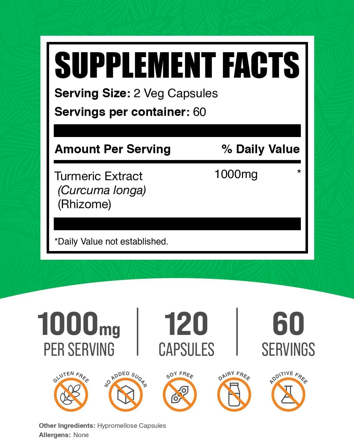 BulkSupplements.com Turmeric Extract Capsules - Turmeric Supplement, Turmeric Curcumin Supplement 1000mg - Gluten Free,120 Veg Capsules (Pack of 1)