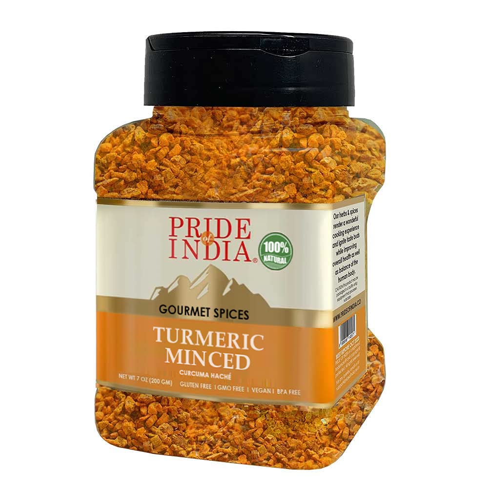 Pride of India - PACK of 6 - Turmeric Minced Whole – Gourmet Spice – Curcumin Rich Properties – No Additives Gluten – Easy to Use – 7 oz. Medium Dual Sifter Jar