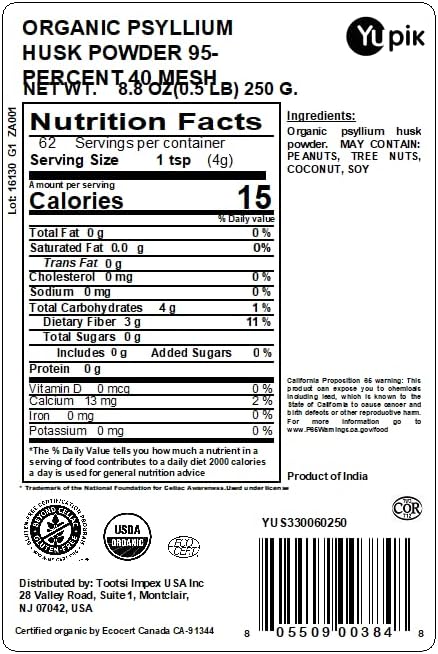 Yupik Organic Psyllium Husk Powder 8.8 Oz, 95% Purity, USDA Certified, Non-GMO, Vegan, Gluten-Free, Unflavored, Plant-Based, Coarse Milled Husk, Source of Fiber for Baking & Digestive Health