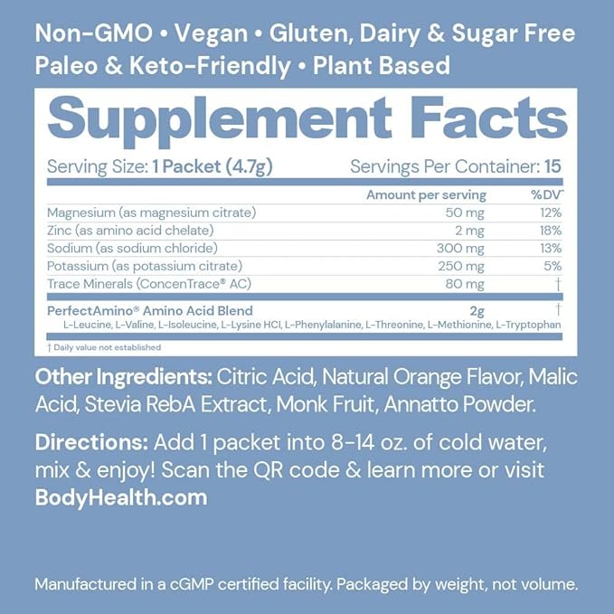 BodyHealth PerfectAmino Electrolytes Powder No Sugar, Keto Sugar Free Fasting Electrolytes Drink Mix, Hydration Powder with Trace Minerals - Orange - 15 Servings