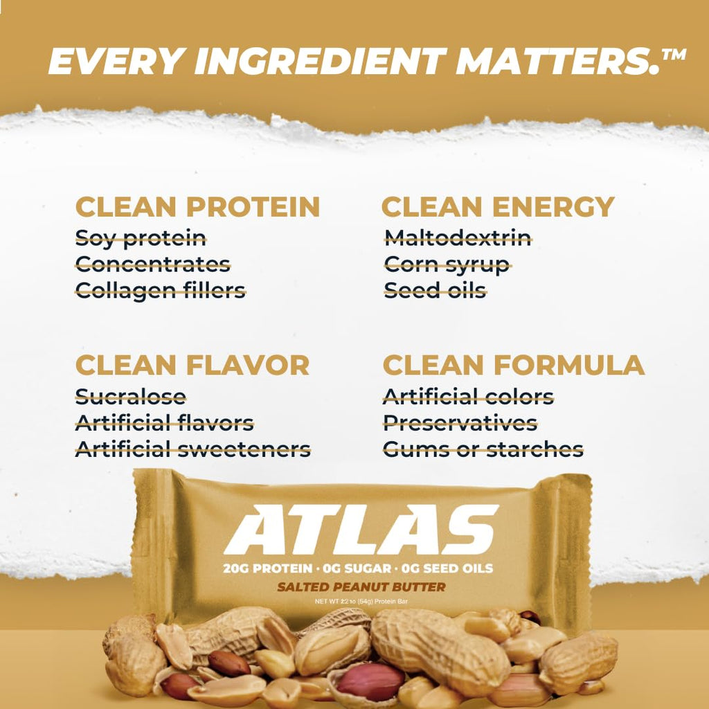 Atlas Bar – 20g Protein, 1g Sugar, 0g Seed Oils, 0g Artificial Sweeteners (Salted Peanut Butter, 36 Count)