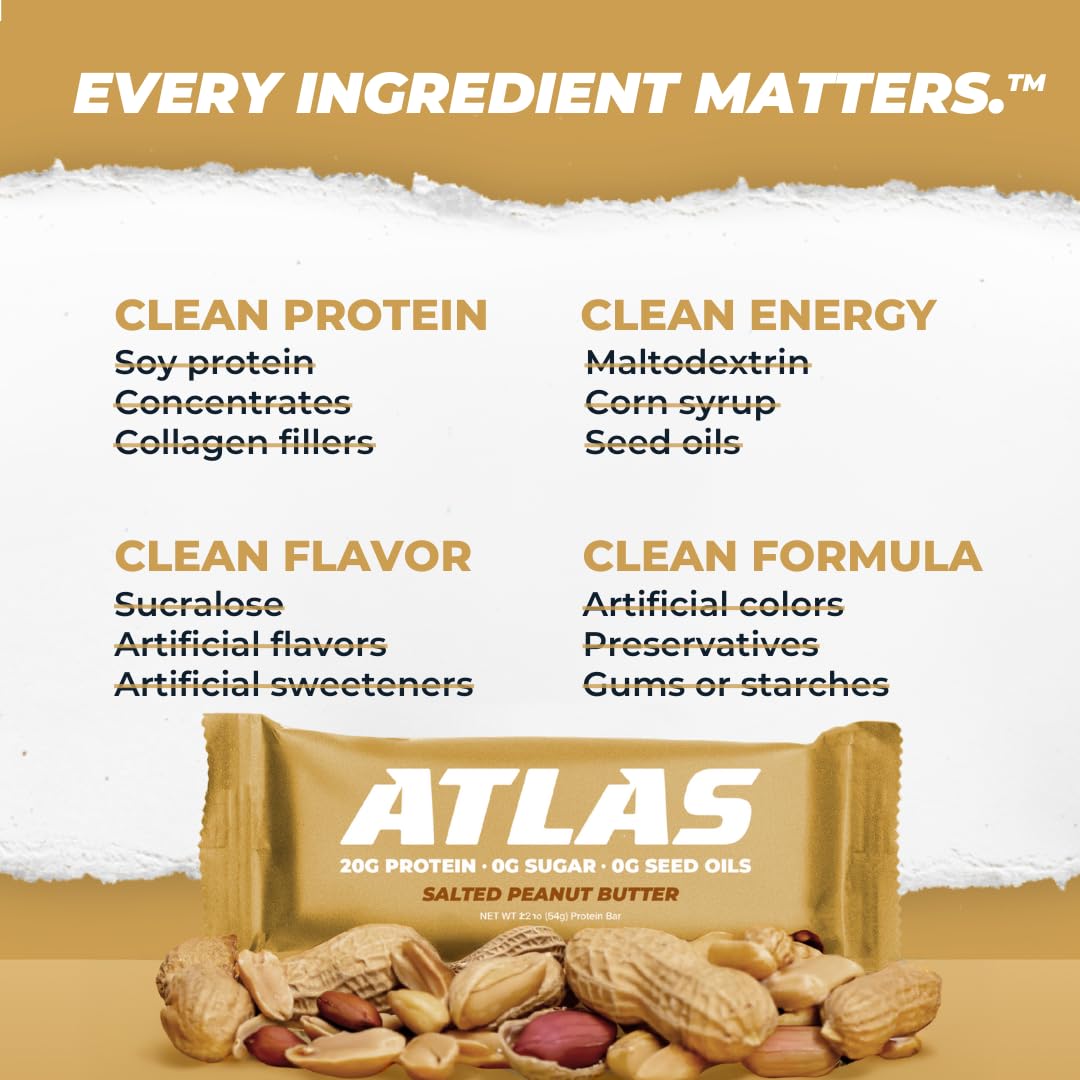 Atlas Bar – 20g Protein, 1g Sugar, 0g Seed Oils, 0g Artificial Sweeteners (Salted Peanut Butter, 36 Count)