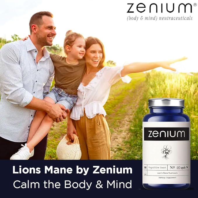 Zenium Lion's Mane Mushroom Cognition 1000mgs per Serving | 120 Capsules | Brain Focus Supplement | Powder Extract | Calm Mind & Body | Ayurvedic | Relieve Tension, Worry, Nervousness, Irritability