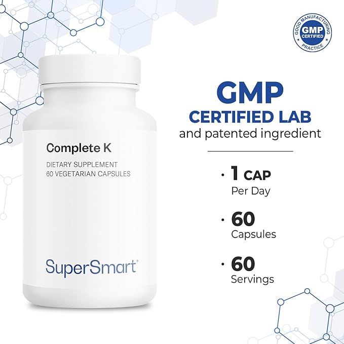 Supersmart - Complete K - with K1, K2 (MK4 + MK7) - Full Spectrum Vitamin K Supplement | Non-GMO & Gluten Free - 60 Vegetarian Capsules