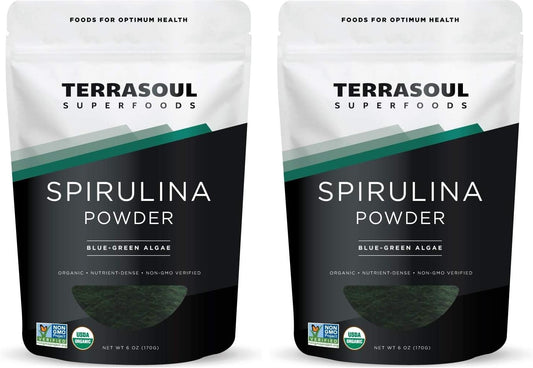 Terrasoul Superfoods Organic Spirulina Powder, 6 Oz, Vegan Protein, Green Superfood Boost for Smoothies, Detoxifying Elixirs, and Immune Support (Pack of 2)
