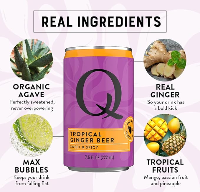 Q TROPICAL GINGER BEER with Real Ginger, Tropical Fruits & Organic Agave - Ideal for Cocktails & Mocktails - Real Ingredients & Perfectly Carbonated - 90 Calories per Can - 7.5 Fl Oz Cans (Pack of 24)