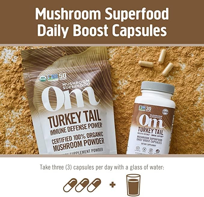 Om Mushroom Superfood Turkey Tail Mushroom Capsules Superfood Supplement, 90 Count, 30 Days, Immune Support, Polysacchrides, Beta-Glucans, Gut Health & Holistic Defense Mushroom Supplement