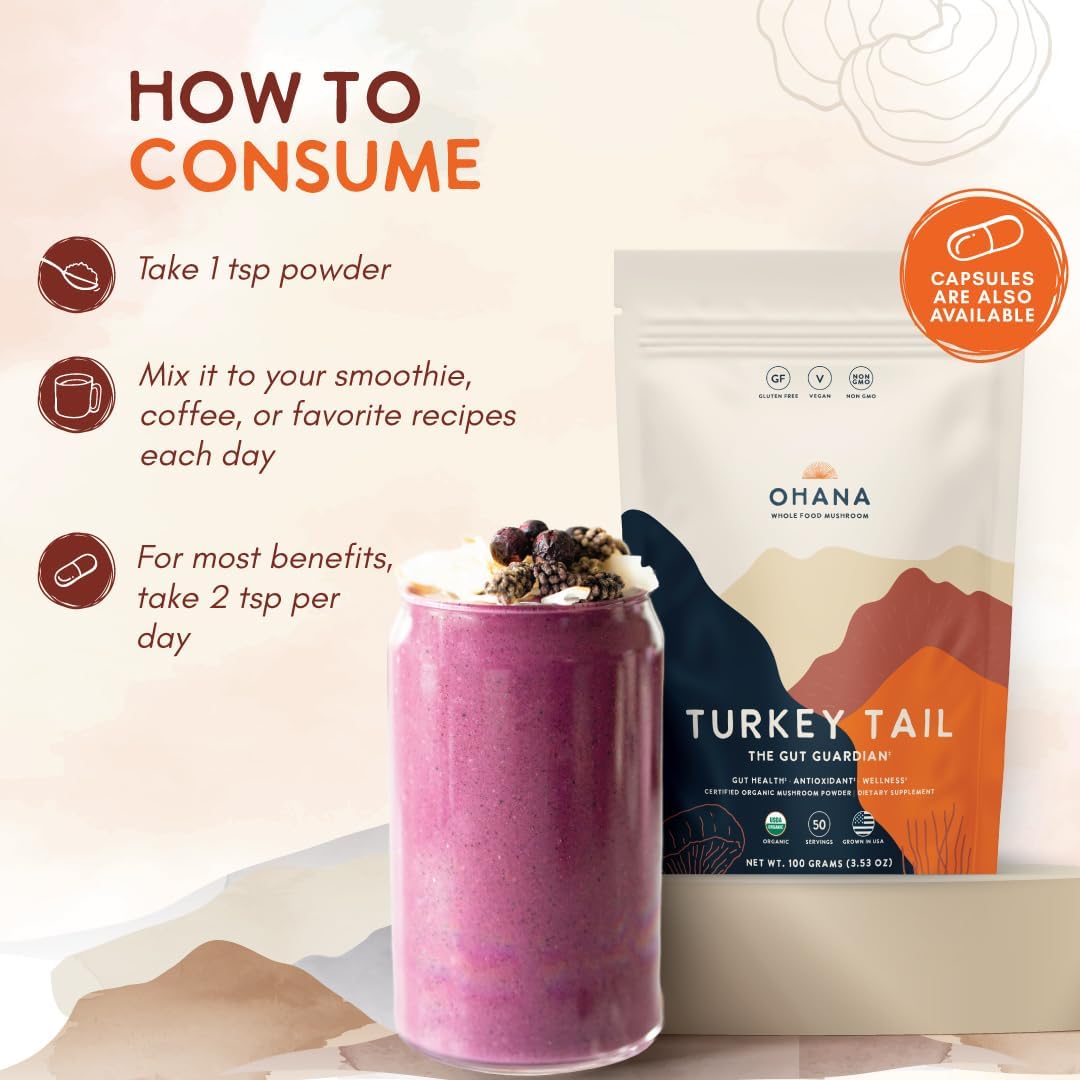Ohana Turkey Tail, Organic Mushrooms Powder Blend, USDA-Organic Whole Food Mushroom Supplement, Non-GMO, Gluten-Free, 3.53 oz Bag, Pack of 1