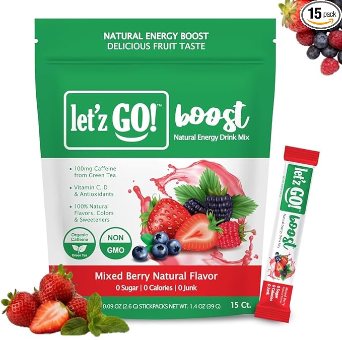 Let'z Go Clean Energy Drink Mix – Natural Caffeine Packets, Vitamins C + D, Electrolytes, Sugar-Free, Zero Calories | Anytime Energy | 15 Count (Mixed Berry)